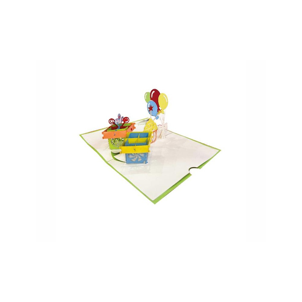 Biglietto auguri pop-up con regali, palloncini e decorazioni 3D