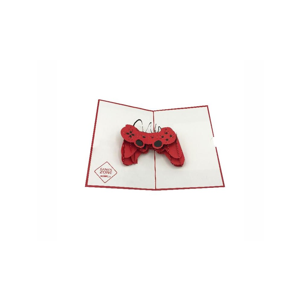 Biglietto pop-up gamer con controller 3D rosso e scritta Gamer Zone