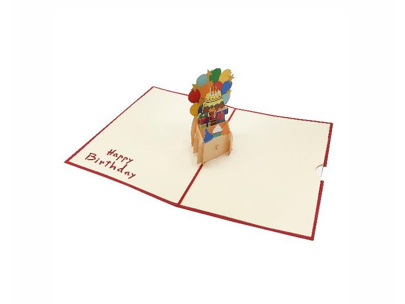 Biglietto di compleanno torta con palloncini pop-up rosso e avorio