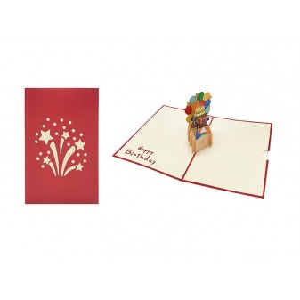Interno biglietto pop-up 3D compleanno con torta e “Happy Birthday”