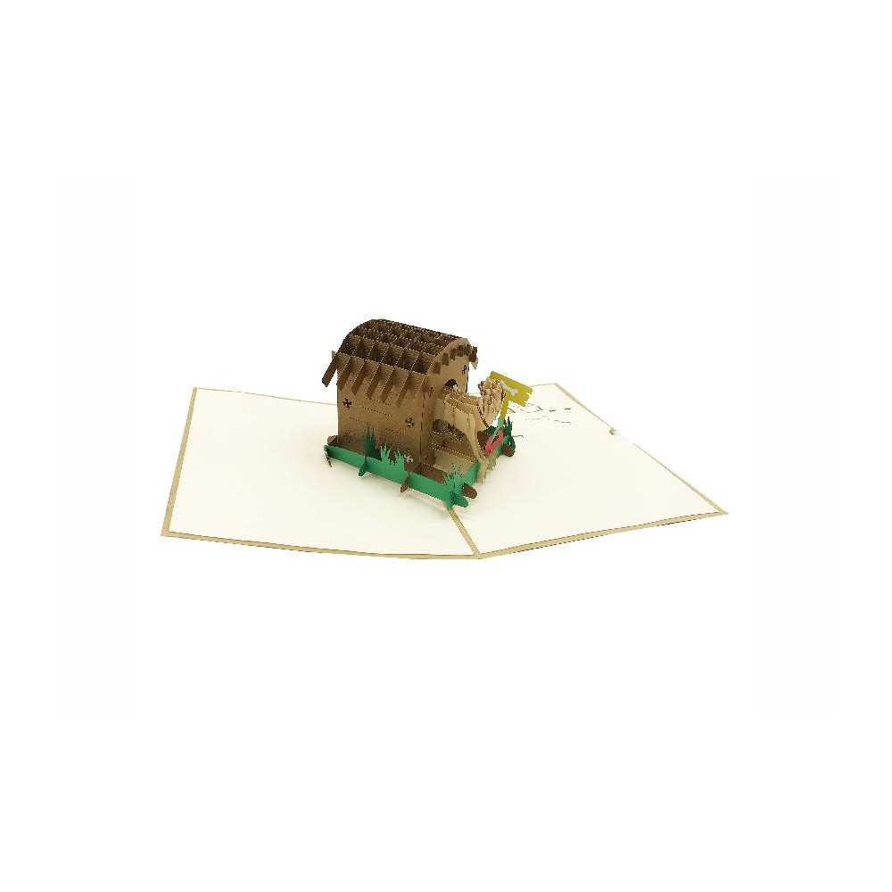 Biglietto auguri pop-up cane con cuccia e zampette marrone crema verde