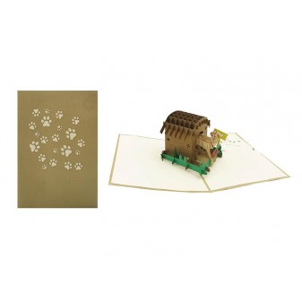Biglietto pop-up 3D aperto con cuccia cane ed elementi decorativi in carta