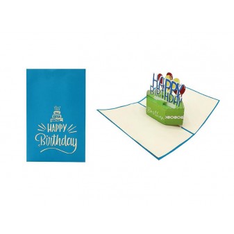 Biglietto azzurro con scritta Happy Birthday e torta stilizzata