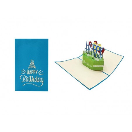 Biglietto azzurro con scritta Happy Birthday e torta stilizzata