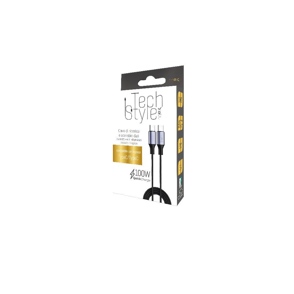 Confezione Tech Style con cavo Type-C Fast Charge 100W, connettori in alluminio