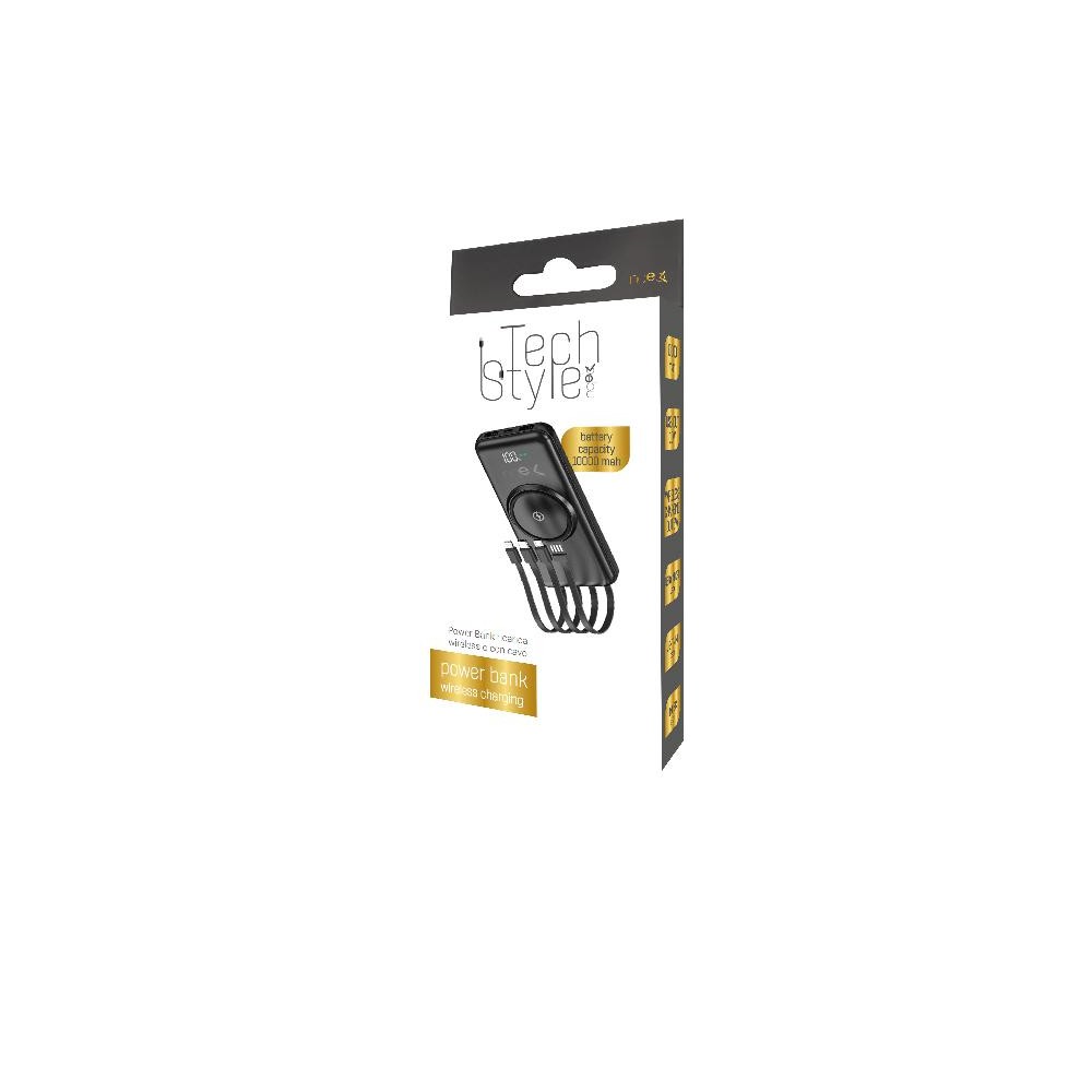 Power bank nero 10000 mAh con ricarica wireless e 4 cavi integrati – TechStyle