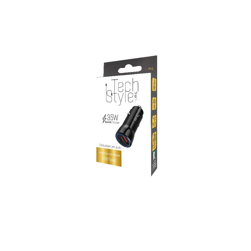 Caricatore auto nero 35W con doppia porta USB e Type-C, compatto e potente