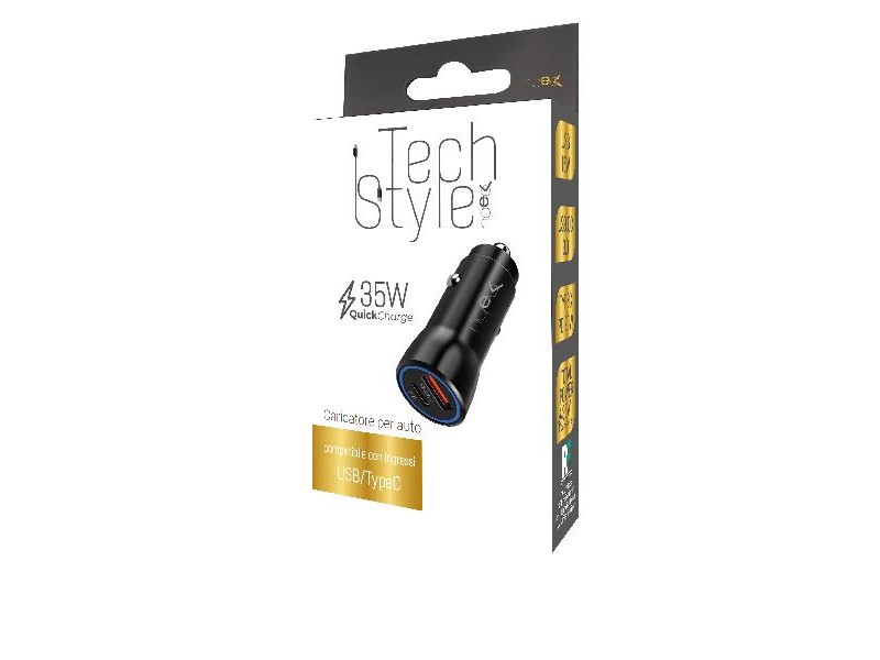 Caricatore auto nero 35W con doppia porta USB e Type-C, compatto e potente