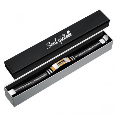 Bracciale nero uomo con inserti in acciaio – elegante, moderno e anallergico + confezione regalo