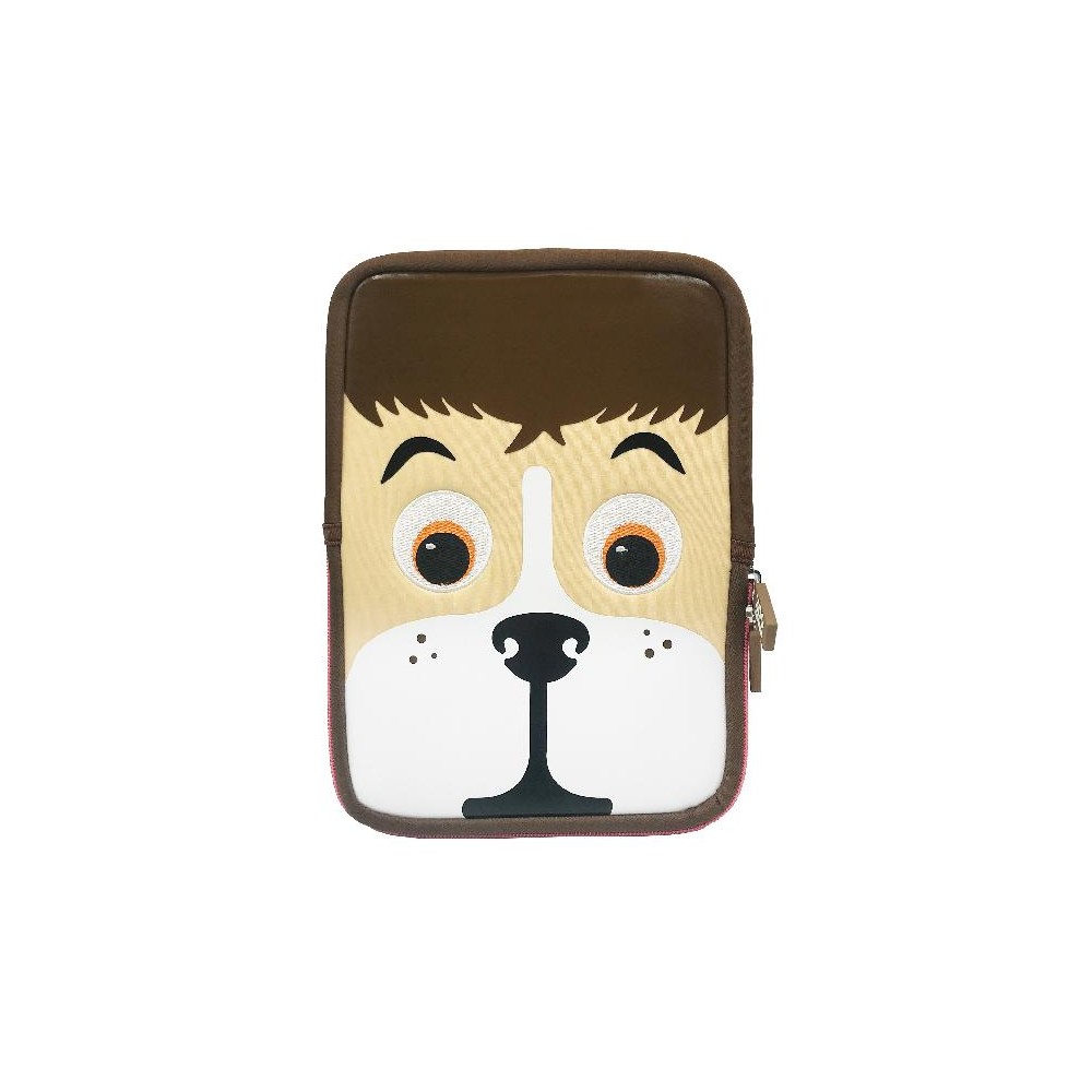Custodia tablet a forma di cane con design divertente per bambini, chiusura a zip e rivestimento protettivo antiurto.
