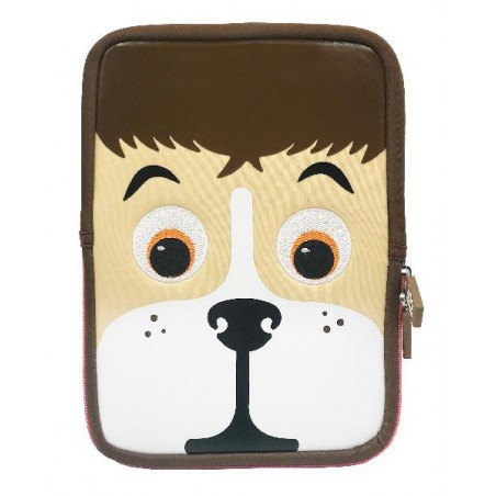 Custodia tablet a forma di cane con design divertente per bambini, chiusura a zip e rivestimento protettivo antiurto.