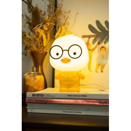 Lampada Paperella accesa su libri, luce calda e ambientazione decorativa autunnale con elementi floreali