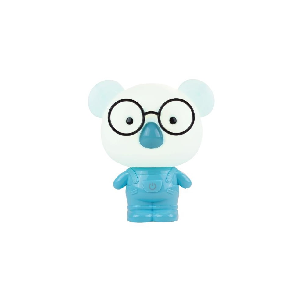 Lampada LED Koala Blu con salopette, accesa, vista frontale