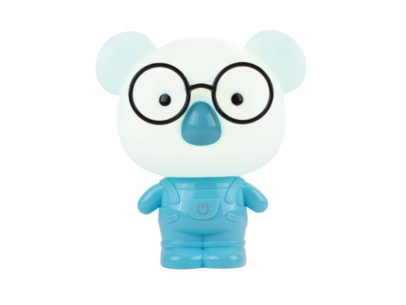 Lampada LED Koala Blu con salopette, accesa, vista frontale