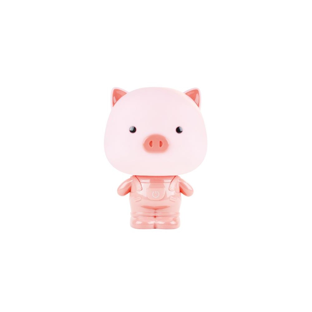 Lampada LED Maialino Rosa con salopette e pulsante touch, vista frontale