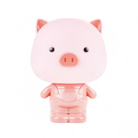 Lampada LED Maialino Rosa con salopette e pulsante touch, vista frontale