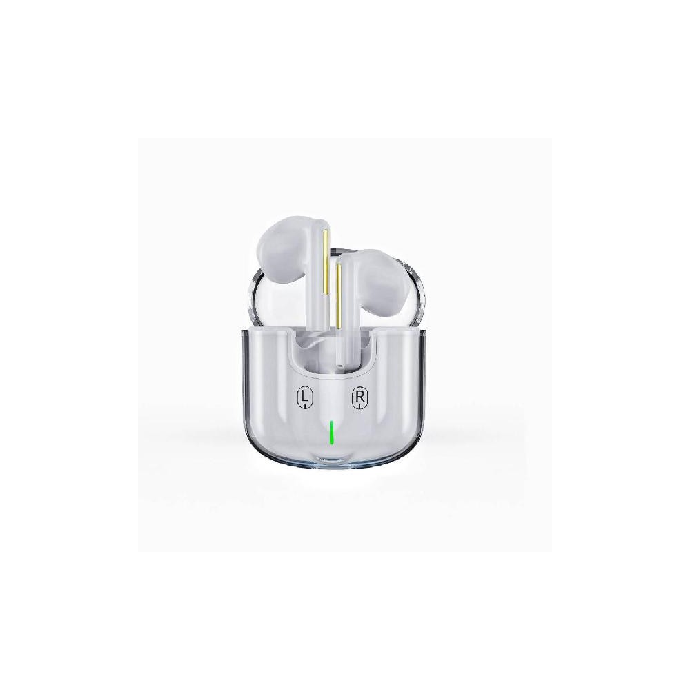 Auricolari wireless bianchi in custodia trasparente, LED acceso – vista frontale