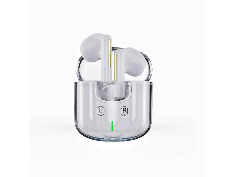 Auricolari wireless bianchi in custodia trasparente, LED acceso – vista frontale