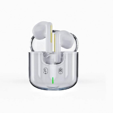 Auricolari wireless bianchi in custodia trasparente, LED acceso – vista frontale