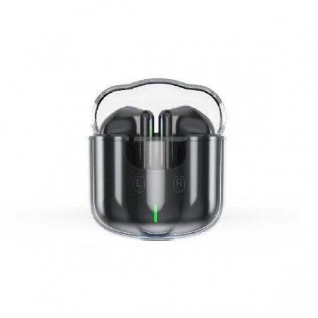 Auricolari neri con touch control – vista laterale in ricarica