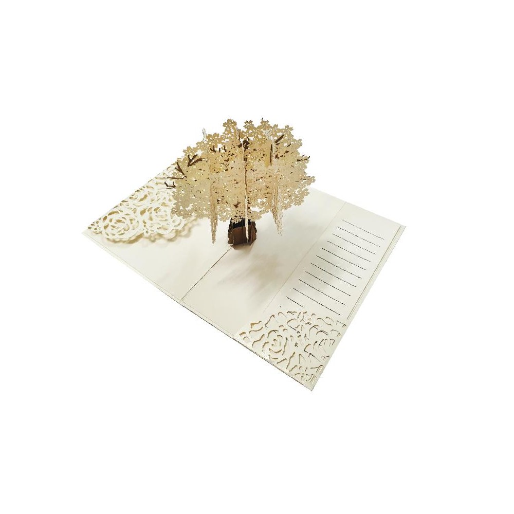 Biglietto Nascita Albero della Vita pop-up crema e marrone, con struttura 3D a rilievo.