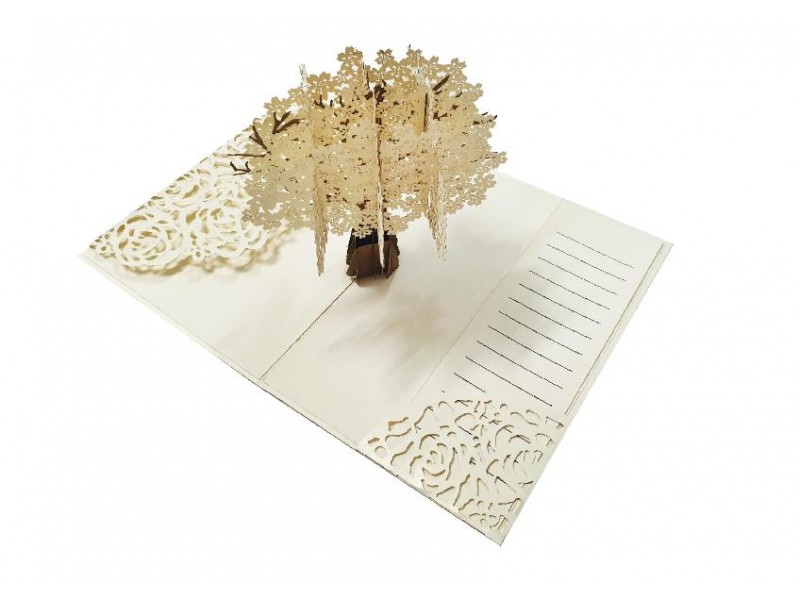 Biglietto Nascita Albero della Vita pop-up crema e marrone, con struttura 3D a rilievo.