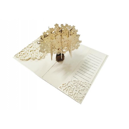 Biglietto Nascita Albero della Vita pop-up crema e marrone, con struttura 3D a rilievo.