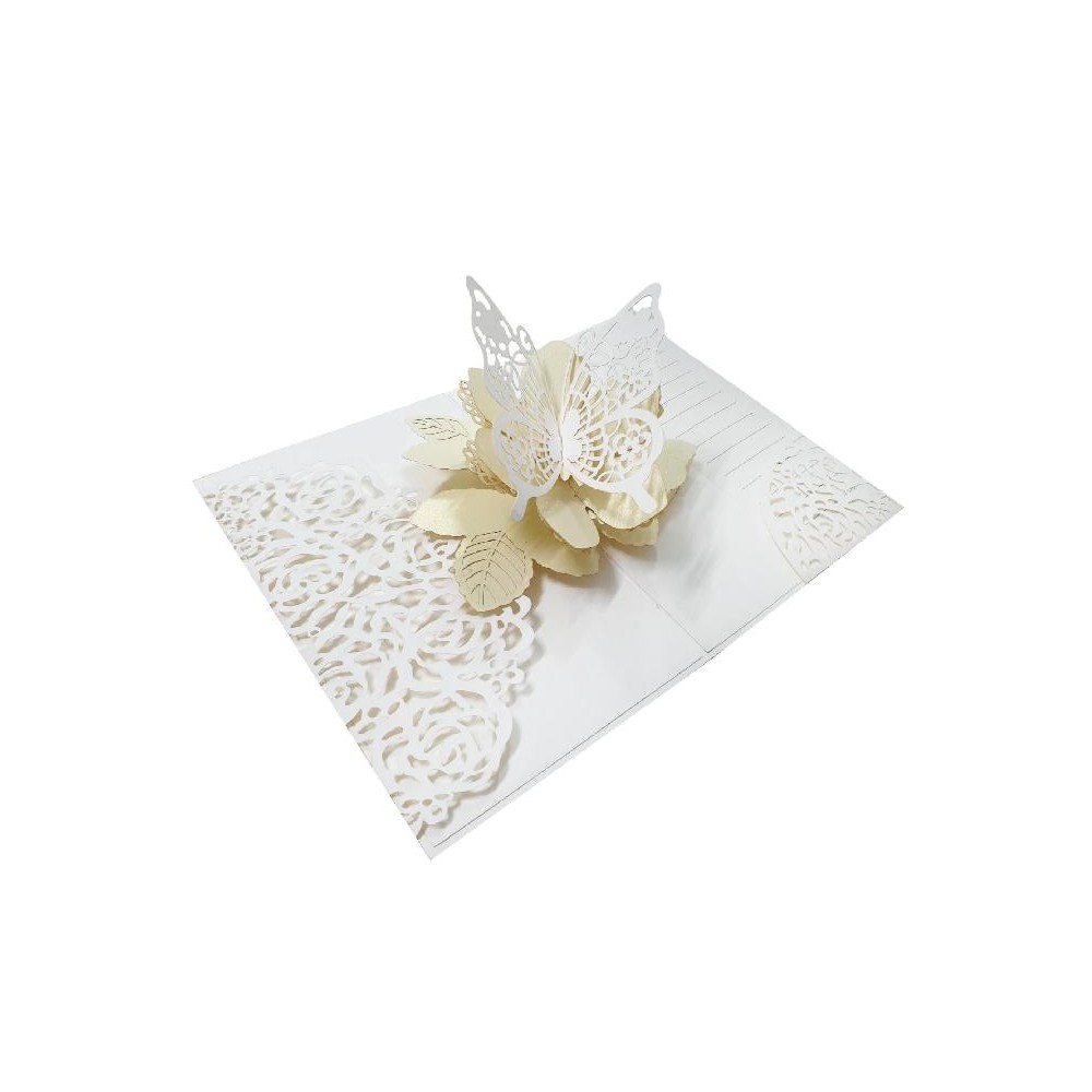 Biglietto pop-up 3D farfalla bianca su fiore dorato, intagli eleganti