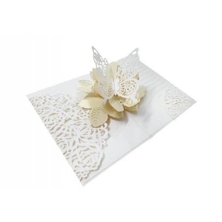 Biglietto pop-up 3D farfalla bianca su fiore dorato, intagli eleganti