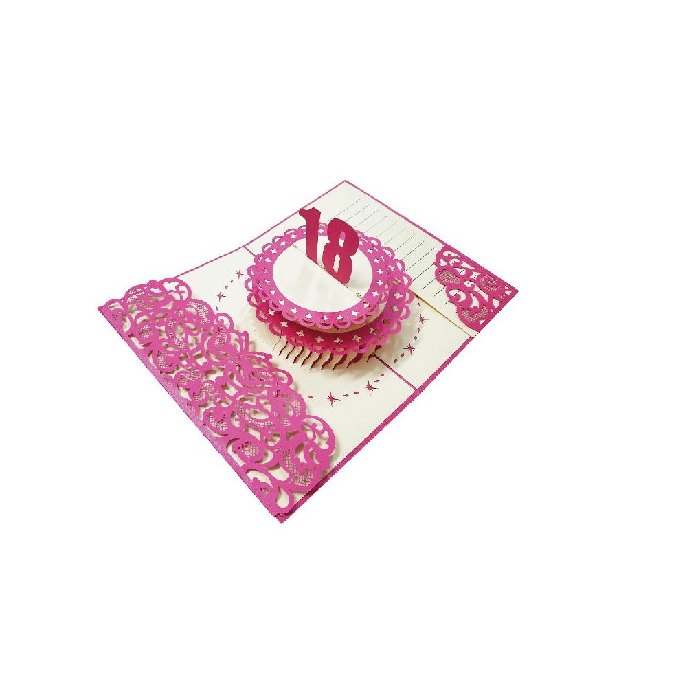Biglietto 18 anni pop-up con torta rosa e numero 18 in rilievo
