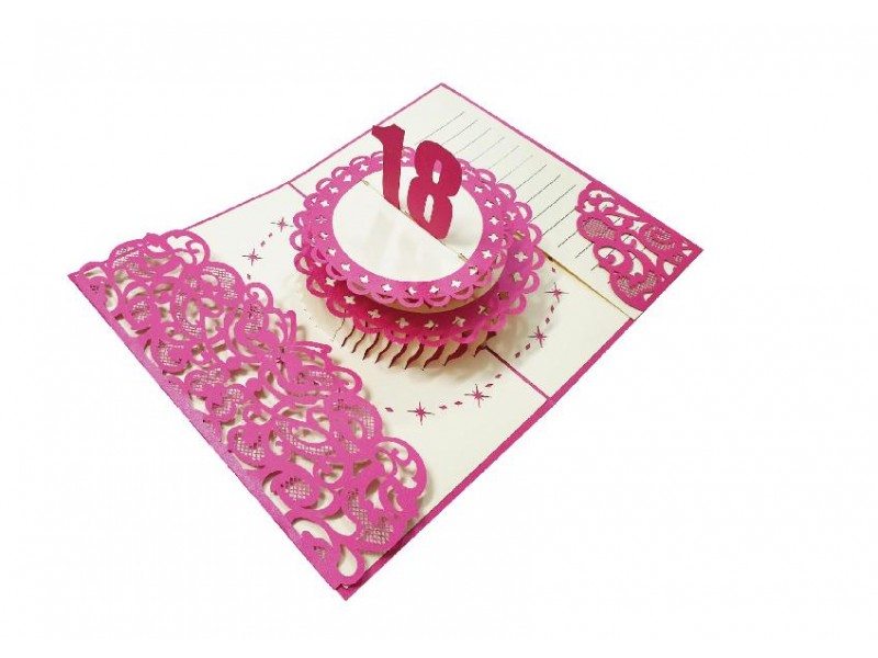 Biglietto 18 anni pop-up con torta rosa e numero 18 in rilievo