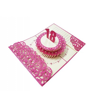 Biglietto 18 anni pop-up con torta rosa e numero 18 in rilievo