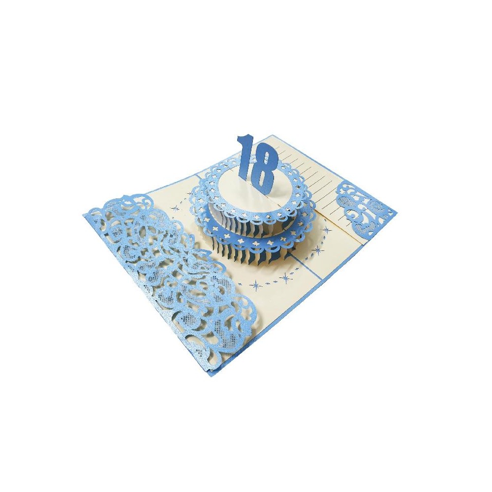 Biglietto pop-up 3D torta blu per 18° compleanno lui, stile elegante