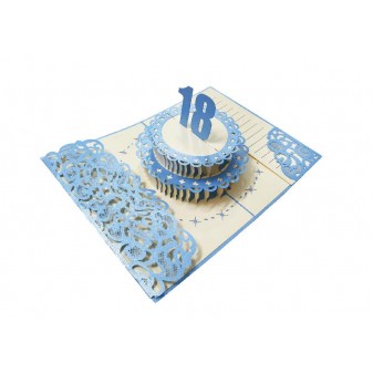 Biglietto pop-up 3D torta blu per 18° compleanno lui, stile elegante