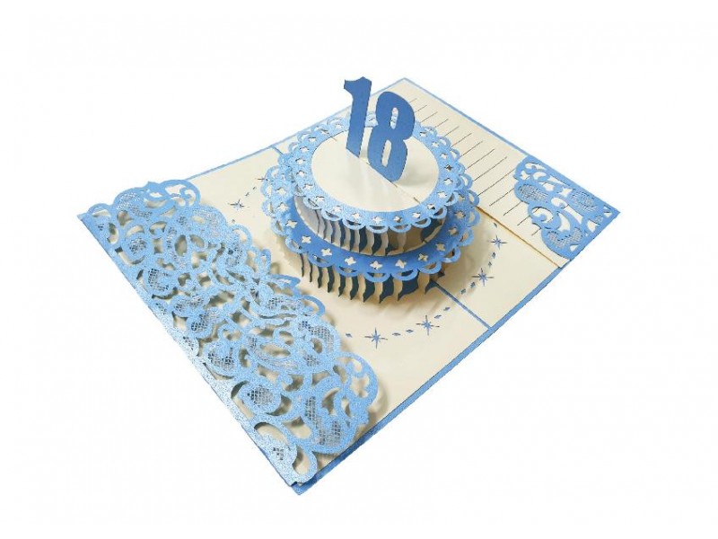 Biglietto pop-up 3D torta blu per 18° compleanno lui, stile elegante