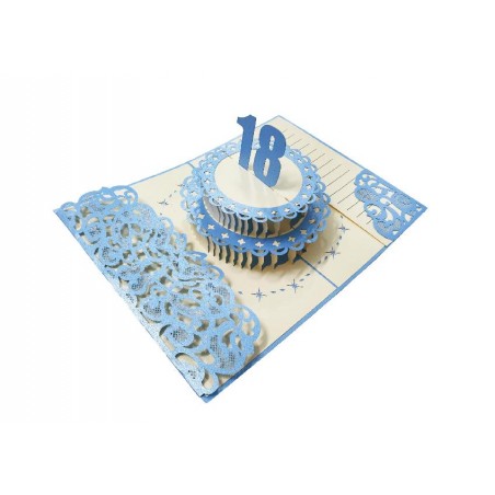Biglietto pop-up 3D torta blu per 18° compleanno lui, stile elegante