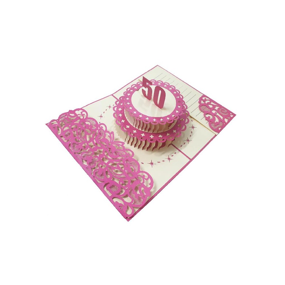 Biglietto pop-up 3D torta rosa per 50° compleanno lei, intagli eleganti