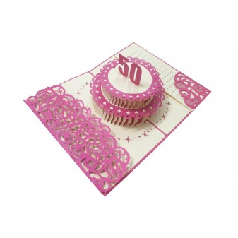 Biglietto pop-up 3D torta rosa per 50° compleanno lei, intagli eleganti