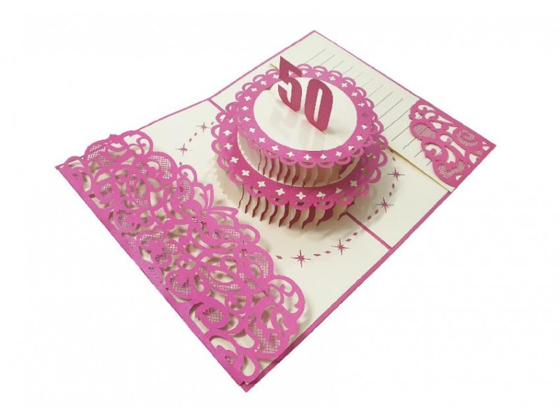Biglietto pop-up 3D torta rosa per 50° compleanno lei, intagli eleganti