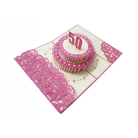 Biglietto pop-up 3D torta rosa per 50° compleanno lei, intagli eleganti