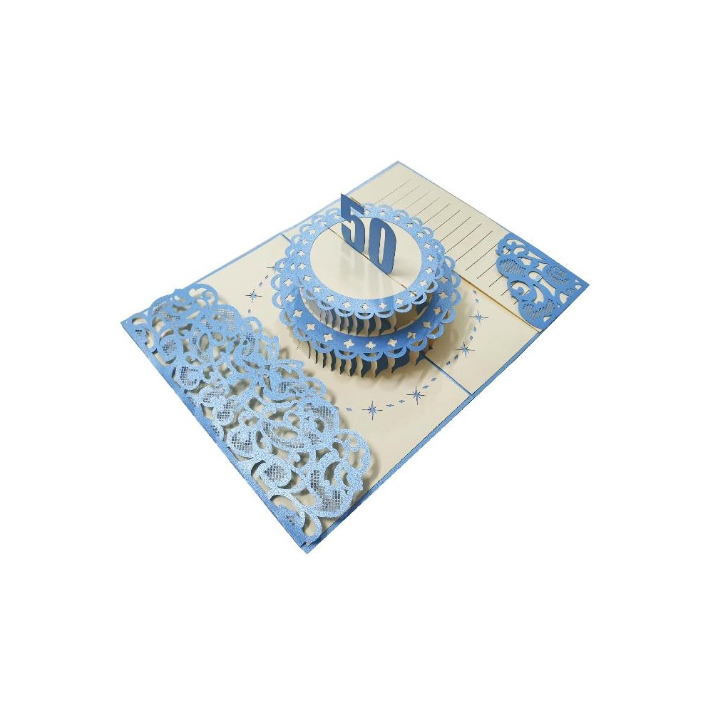 Biglietto pop-up 3D torta blu per 50° compleanno, decorazioni intagliate