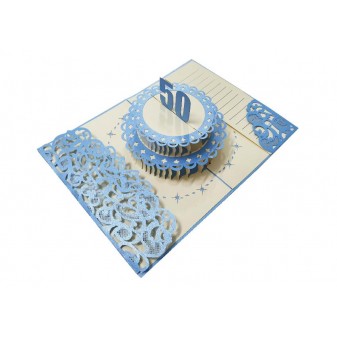 Biglietto pop-up 3D torta blu per 50° compleanno, decorazioni intagliate