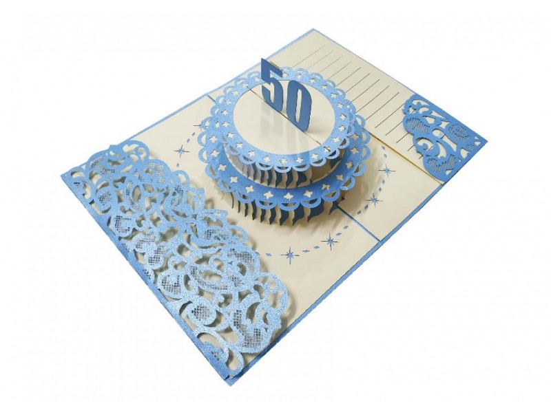 Biglietto pop-up 3D torta blu per 50° compleanno, decorazioni intagliate
