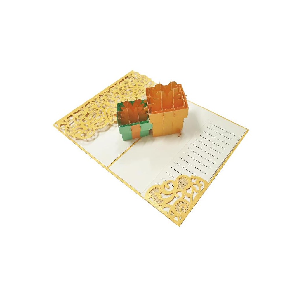1. Interno biglietto pop-up pacchi regalo dorati e verdi con decorazioni laser