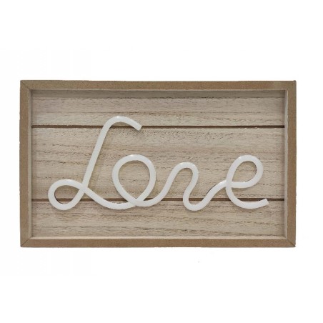 Dettaglio scritta Love illuminata in stile calligrafico su base legno