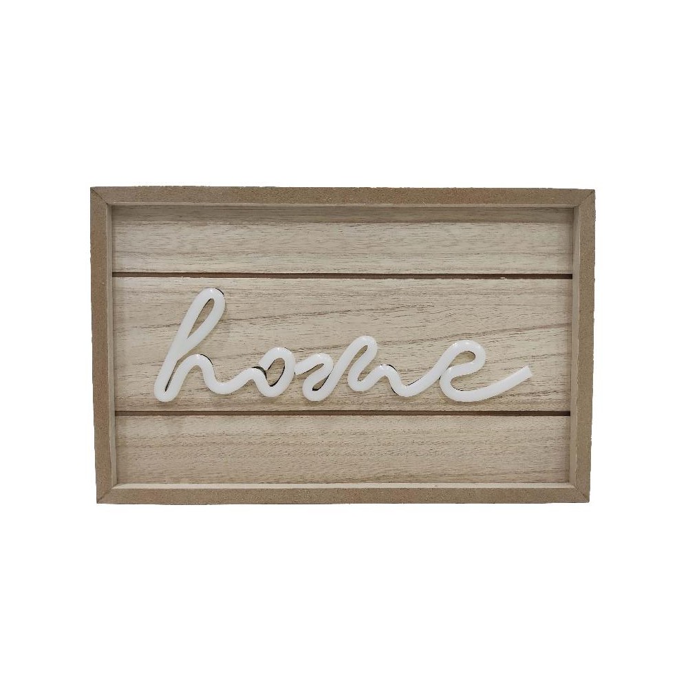 Scritta Home calligrafica illuminata su fondo in legno naturale