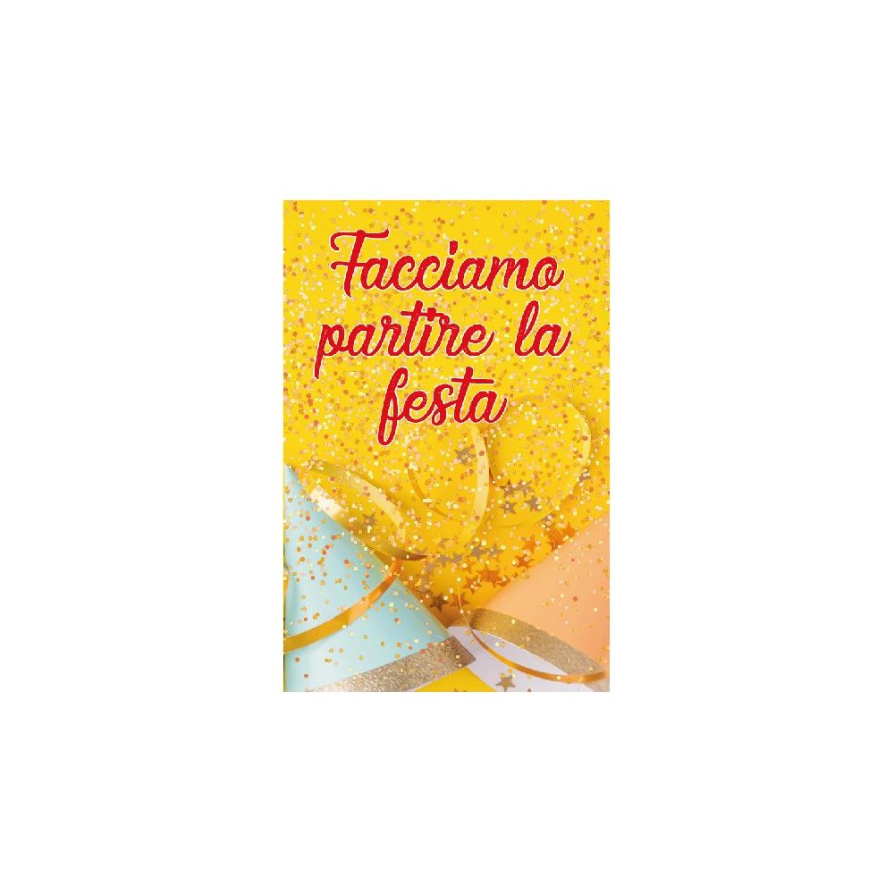 Biglietto esplosivo giallo con coriandoli e scritta "Facciamo partire la festa"