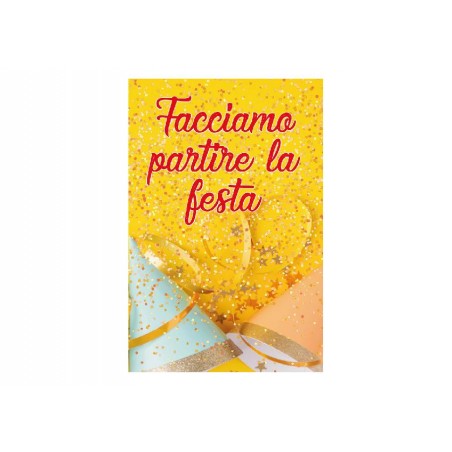 Biglietto esplosivo giallo con coriandoli e scritta "Facciamo partire la festa"
