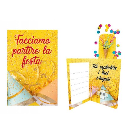 Interno biglietto esplosivo con effetto coriandoli e frase "Fai esplodere i tuoi auguri"