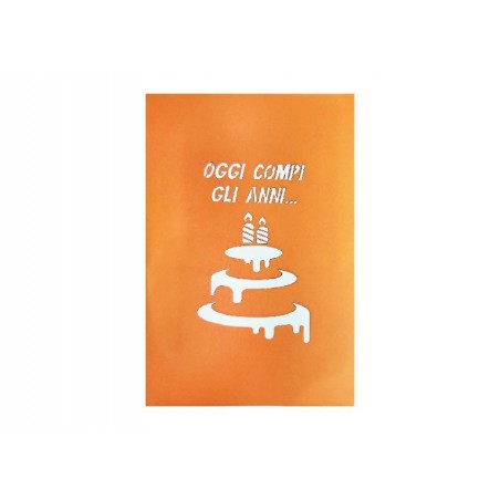 Copertina arancione con torta stilizzata e frase “Oggi compi gli anni...”